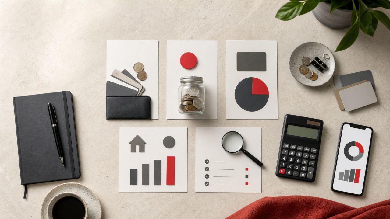 Overhead finance desk with credit cards, an emergency-savings jar, calculator, notebook, and comparison charts