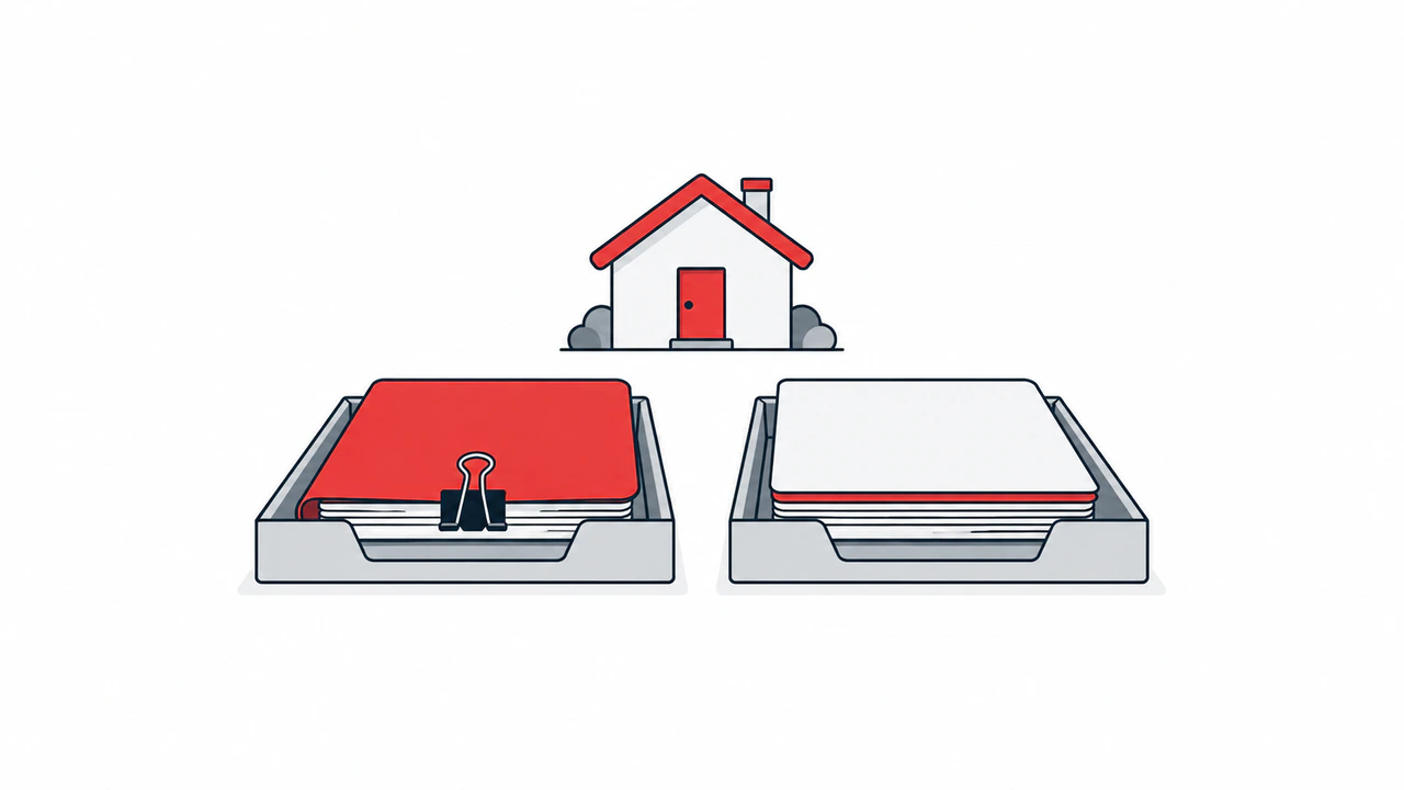 A generic house sits above two equal document trays, introducing questions about an existing mortgage recast and a replacement refinance loan.